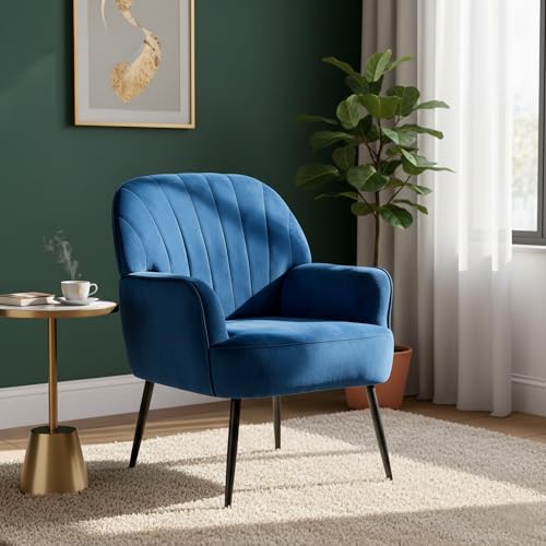 GDFStudio 25" Velvet Accent Chair with Arms and Back, Modern Shell-Shaped Upholstered Barrel Chairs, Small Comfy Reading Chair Lounge Chairs with Solid Legs for Living Room Bedroom Office Cafe, Blue - color: Blue