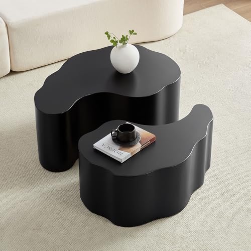 35.43'' Black Round Nesting Coffee Table Set of 2, Modern Contemporary Irregular Wood Coffee Table Set, Non-Slip Mat & No Assembly, Black - color: 35.43''-black