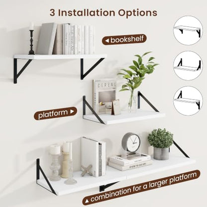 Deep Floating Shelves, 18'' x 10'' White Wall Shelves Set of 2 | 10 Inch Deep Shelves with Heavy Duty Brackets, Rustic Wood Shelves for Bathroom Living Room, Engineered Wood, 30LBS - color: White, size: 18W x 10D