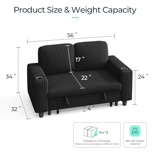 LINSY HOME Sectional Couches for Living Room, 56" Loveseat(Storage), Black | 2 seater sofa for small spaces,corduroy couch with storage - color: Black
