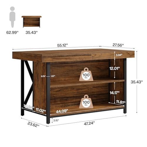 Tribesigns Large Kitchen Island with Storage, 55-Inch Wooden Stationary Island Table with Metal Frame, 3-Tier Industrial Center Bar Table with Thickened Countertop for Kitchen, Dining Room, Brown