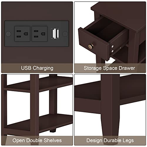 ChooChoo Side Table Living Room with Charging Station and Drawer | Narrow End Table, 3-Tier Sofa End Table, Small Space, Espresso - color: Espresso