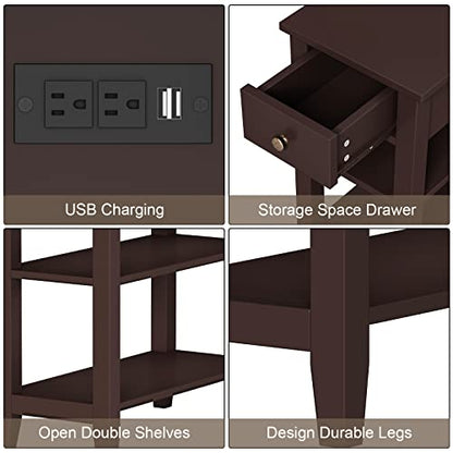 ChooChoo Side Table Living Room with Charging Station and Drawer | Narrow End Table, 3-Tier Sofa End Table, Small Space, Espresso - color: Espresso