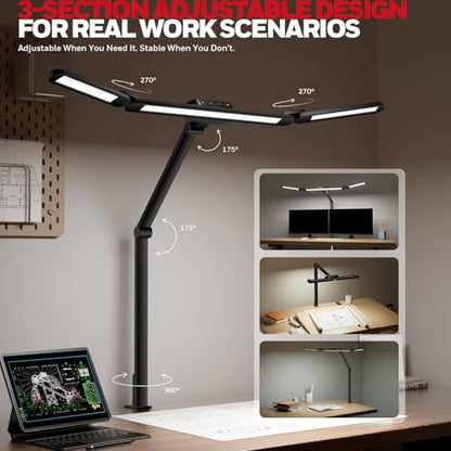 Honeywell Wide Desk Lamp with Clamp for Dual Monitors, 22W Full-Spectrum Eye-Caring LED Desk Lamp for Home Office, 3-Section Adjustable Architect Light for Large Desk, Stepless Dimming, 3000K-5700K