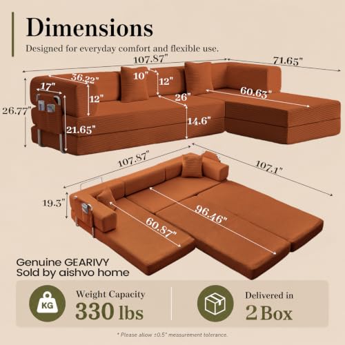 GEARIVY Folding Sofa Bed Convertable Corduroy Couch King Size Floor Sleeper 4-in-1 DIY Combination Modular Sofa Fold Out Futon Lounge Comfy Foldable Lazy cama for Living Room - color: Orange, size: 4-seater with a chaise