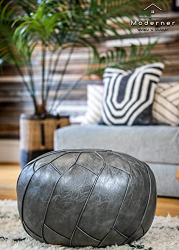 Moderner Faux Leather Pouf Unstuffed Ottoman Moroccan Footstool, Floor Footrest Cushion, Storage Solution - Natural Brown Color (Dark Grey, Round) - color: Dark Grey