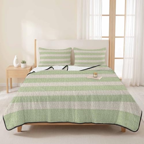 Queen Quilt Bedding Set, Sage Green Stripes Farmhouse Lightweight Coverlet Summer Comforter Set Soft Microfiber Bedspread, Retro Linen Texture 3 Piece Quilt Set with 2 Pillow Shams All Seasons Use - color: Green, size: 90x96in