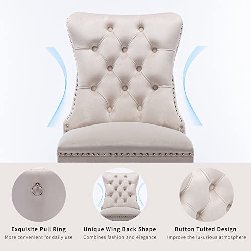 Beige Velvet Dining Chairs Set of 8, Tufted Kitchen & Dining Room Chairs | Eight Fabric Tufted Dinning Chairs, Velvet Upholstered, Wing Back, Metal Pull Ring, Wood Frame, Mid Century Modern - color: A-1 Beige Velvet, Wood Legs, size: 8