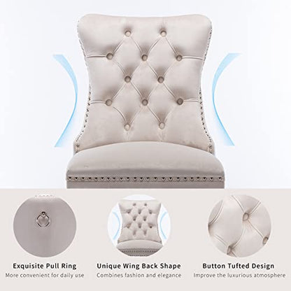 Beige Velvet Dining Chairs Set of 8, Tufted Kitchen & Dining Room Chairs | Eight Fabric Tufted Dinning Chairs, Velvet Upholstered, Wing Back, Metal Pull Ring, Wood Frame, Mid Century Modern - color: A-1 Beige Velvet, Wood Legs, size: 8
