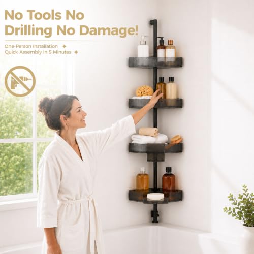 Corner Shower Caddy, Adjustable 4-Tier Rustproof Bathroom Organizer Shelves, 45-75 Inch No-Drill Quick Installation Bathtub Corner Shelf