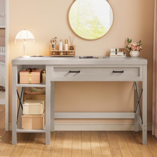 SEDETA Farmhouse Small Desk with Drawers, 40" Computer Desk with Storage Shelves, Writing Desk for Small Space and Power Outlet, Desk for Bedroom, Home Office, Mahogany Grey - color: Mahogany Grey