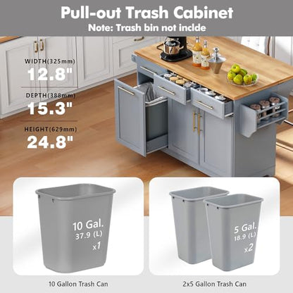 59.3" Rolling Kitchen Island with Trash Can Storage, Mobile Kitchen Storage Island with Drop Leaf, Power Outlet, Pull Out Cabinet Organizer (Greyblue) - color: Greyblue