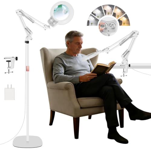 TNNOP 4In1 Floor Magnifying Lamp with Light, 12X 30X Glass Magnifier Black | Height Adjustable, Infinite Dimmable Lighting, Hands Free Magnifier For Hobby, Reading,Jewelry Making & Close Work - color: White, size: 12x 30x