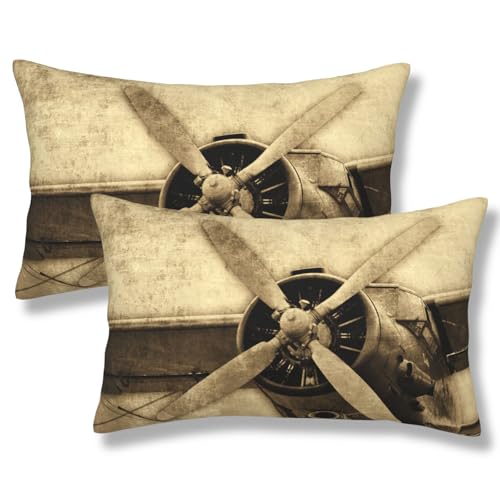 Old Aircraft Throw Pillow Covers Vintage Airplane Lumbar Pillow Cover 12x20 Inch Set of 2 Retro Vintage Plane Damaged Flight Pillowcase Rectangle Cushion Cases for Bed Sofa - color: Brown, size: 20" x 12" (Pack of 2)