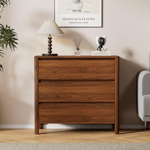 Furniway 31.5" Mid-Century Modern Dresser for Bedroom, 3 Drawer Small Chest of Drawers with Wood Legs, Large Storage Bedroom Dresser, Walnut - size: 3 Drawers