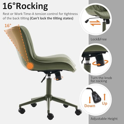 YOUTASTE Green Armless Office Chair, Modern Adjustable Swivel Desk Chair with Wheels, Upholstered PU Leather, Green Metal Legs, Back Support for Home Office, Study, Vanity, Bedroom - color: All Green