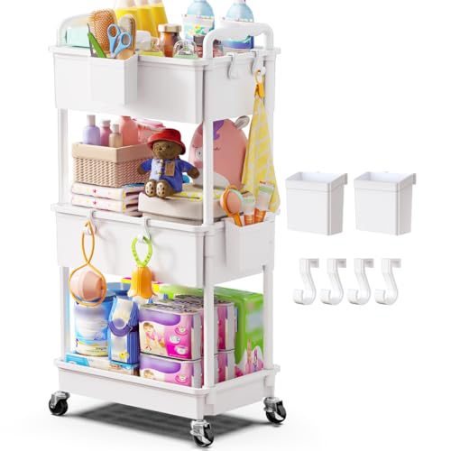 Goovilla Diaper Cart with Lockable Wheels and Easy Assembly, 3 Tier White | Rolling Cart for Baby Nursery Storage, Sturdy Ample Diaper Caddy Organizer for Baby Girl, Boy, New Mom, Newborn Essentials - color: White