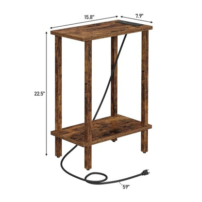 TUTOTAK Narrow Side Table, 2-Tier Small End Table with Charging Station | Skinny Sofa Table, Slim Nightstand, Easy Assembly for Living Room, Bedroom, Pure Brown TB01BB060C - color: Pure Brown, size: 2-tier