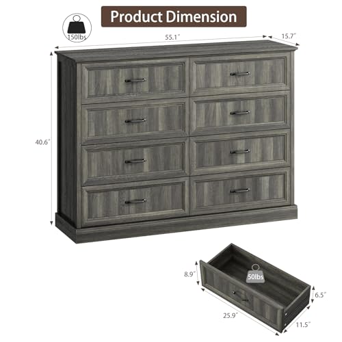 Farmhouse 8 Drawer Dresser for Bedroom, 55" Grey Dresser with TV Stand | Wide Dresser with Large Drawers & Bar Handles, Rustic Wood Chest of Drawers for Living Room, Hallway, Entryway. - color: Grey, size: 16"D x 55"W x 41"H (8 Drawers)