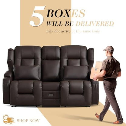 Loveseat Recliner Sofa,RV Wall Hugger Recliners with Flip-up Console,Reclining Loveseat Sofa Recliner with Cup Holders/Lumbar Pillows for Small Spaces,RV Furniture (Brown,68" 2-Seater) - color: Brown, size: 68" 2-Seater