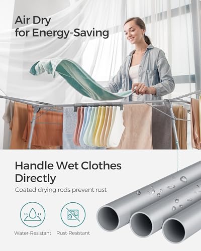 SONGMICS Clothes Drying Rack Foldable, Gullwing Laundry Drying Rack, Space-Saving, 22.2 x 68.1 x 38 Inches, Sock Clips, Metal Structure, for Clothes, Towels, Linens, Indoor, Outdoor Gray ULLR518G01 - color: Gray, style: 2 Gullwings（22.2"D)