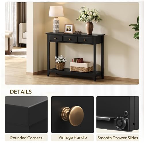 Yaheetech Narrow Black Entryway Console Table with 3 Storage Drawers | Slim Enough for a Hallway, the Top Holds Up to 55 lb over a Lower Shelf for Everyday Extras, Built from Painted MDF - color: Black