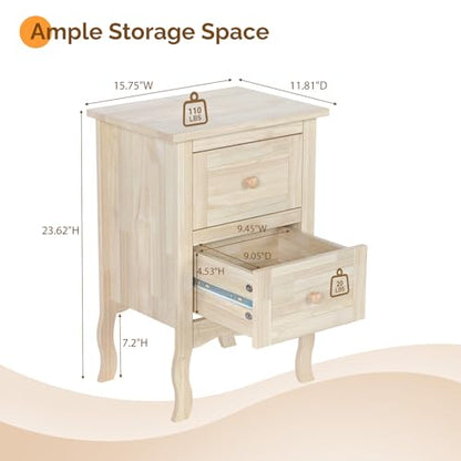 Bonnlo Nightstands Set of 2, Solid Wood Nightstand Unfinished for Color DIY, Small Night Stand for Bedroom, Natural Wood Nightstand with Drawers, Light Wood Nightstands, Real Wooden Bed Side Table - color: Natural Wood
