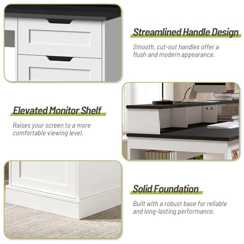 55-Inch Farmhouse Executive Desk with 2 Drawers and File Cabinet, Computer Desk with 3-Tier Storage Shelves, Home Office Desk with Charging Station, Pegboard and Monitor Shelf, White and Black - color: White and Black