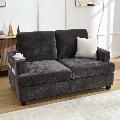 Loveseat Sofa, 60" Chenille Couch with Side Pocket, Removable Pillow and Cushion Cover 2 seat Couches, Comfy Modern Small Couch for Living Room, Small Spaces, Dorms, Office, Dark Grey - color: Dark Grey, size: Loveseat Sofa