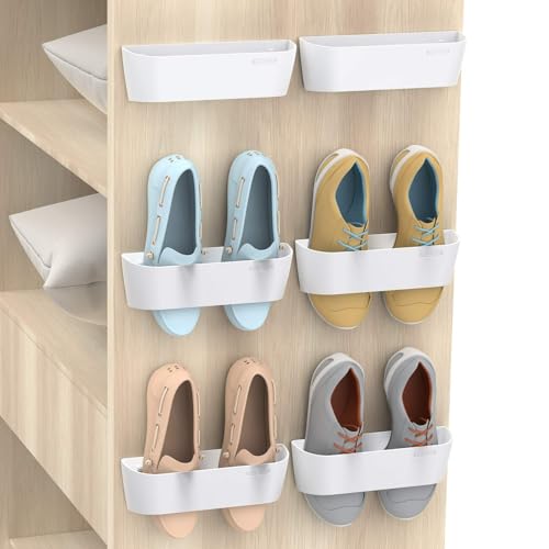 Wall Mounted Shoes Rack 6Pack with Sticky Hanging Strips, Plastic Shoes Holder Storage Organizer,Door Shoe Hangers (SM03-White-6) - color: SM03-White-6