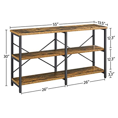 Yaheetech 55" Console Table with 3 Tier Storage Shelves, Rustic Brown | Entryway Table, Sofa Tables Narrow Long for Living Room, Hallway, Sturdy Metal Frame, Behind Couch, Easy Assembly, Industrial
