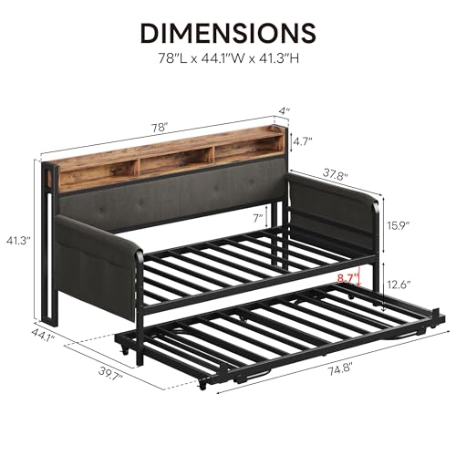 LIKIMIO Daybed with Trundle, Twin Bed Frame,Black | with Upholstered Headboard and Charging Station, Sofa Day Bed with Strong Supports for Living Room, Bedroom and Guest Room - color: Black