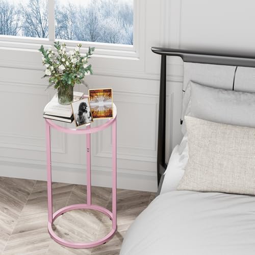 Easy Paws C Table Side End Table, Small Round Couch Sofa Tray Snack Table for Living Room, Bedroom,Accent Coffee Table,TV Tray Table for Small Space, Nightstand with Metal Frame(Pink) - color: Pink