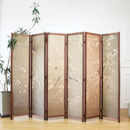 6 Panel Bamboo Room Divider for Room Separation, 5.6 ft Tall Double-Sided Folding Privacy Screen with Premium Thickened Wood Frame, White Plum and Birds (67" H x 94.5" W) - color: Plum and Birds, size: 6 Panel