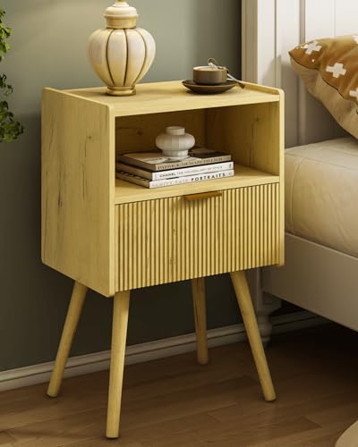 Nightstand,Modern Bedside Table with Storage Drawer and Open Wood Shelf, for Living Room, Bedroom and Small Spaces, Accent Night Stand with Solid Wood Legs, Easy Assembly,Vintage Yellow Oak - color: Vintage Yellow Oak