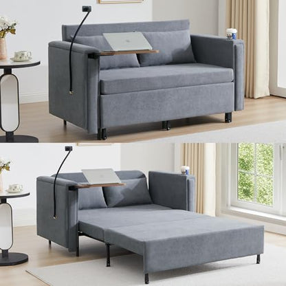 Pull Out Sofa Bed, 2-in-1 Multi-Functional Sleeper Couch Small Loveseat Bed with Hidden Side Table, Phone Holder and Cup Holder for Living Room, Small Space, Apartment (Grey) - color: 2-in-1 Grey 2 Seater