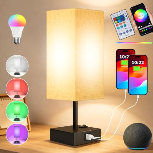 Smart RGB Dimmable Table Lamp Compatible with Alexa&APP&Remote Control, Gray | Bedside Desk Lamp with Charging Ports&Phone Stand, Music Sync Nightstand Lamp for Bedroom Living Room Office Dorm, 1Pack - color: Dark Gray, size: 1 Pack
