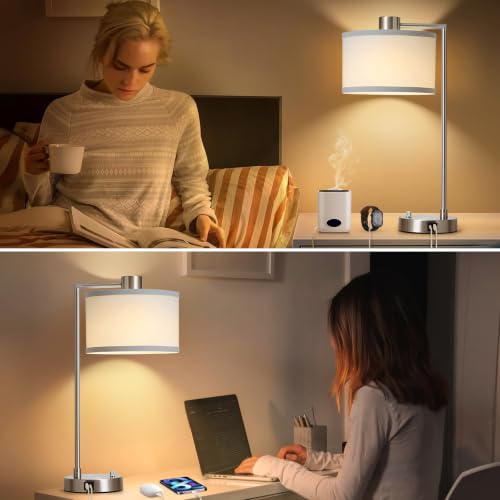 Silver Table Lamp Set of 2, Dimmable Bedside Lamps for Night Stand, USB A+C | Nightstand Lamp with Linen Lampshade, 2 LED Bulbs Included, Desk Lamp for Bedroom, Living Room, End Table, Reading , Office - color: Silver