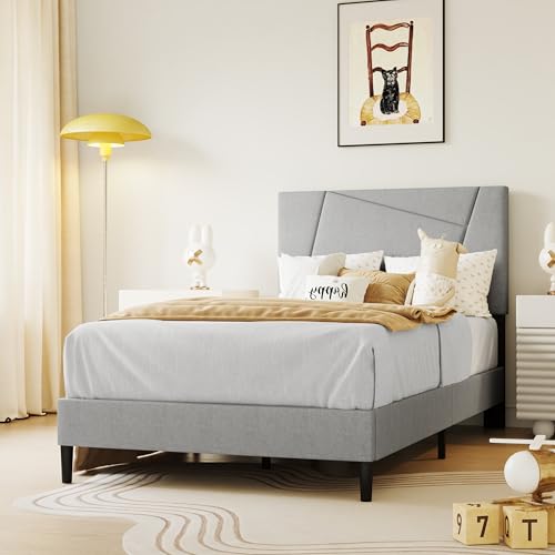 Twin Size Upholstered Bed Frame Frame with Headboard，Velvet Gray | Geometric Head Board Platform Bed, Sturdy Wooden Slats, Noiseless No Box Spring Required, Easy to Assemble - color: Light Gray, size: Twin