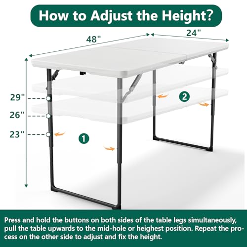 4FT Folding Table Adjustable Height Table (White, 4 Pack) - color: White, size: 4FT-4pack