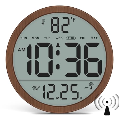 Digital Atomic Wall Clock Battery Operated, 8 Inch Large Display | Never Needs Setting Clock with Date and Temp, Auto DST, Self-Setting Time, Easy to Read for Bedroom, Living Room, Office - color: Brown