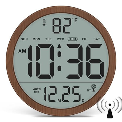 Digital Atomic Wall Clock Battery Operated, 8 Inch Large Display | Never Needs Setting Clock with Date and Temp, Auto DST, Self-Setting Time, Easy to Read for Bedroom, Living Room, Office - color: Brown