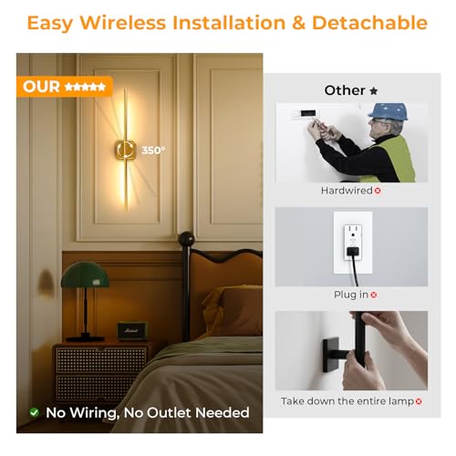 Battery Operated Wall Sconce Wireless Detachable 360°Rotate Dimmable 1 Pack | Rechargeable Wall Light 3000-6500K with Remote Control 10000mAh for Bedroom Living Room 28.3" Gold - color: Gold-Square Base, size: 1 Pack