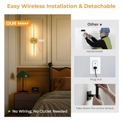 Rechargeable Wall Light Detachable 360°Rotate Wireless Dimmable 4 Pack | Battery Operated Wall Sconce 3000-6500K with Remote Control 10000mAh for Bedroom Living Room 28.3" Black Gold - color: Gold-Square Base, size: 4 Pack
