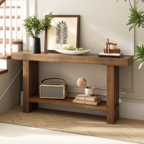 63" Solid Wood Console Table with Thickened Tabletop and Legs | Long Farmhouse Entryway Table, Narrow Behind Couch Skinny Rustic Sofa Table, for Living Room, Hallway, Entry