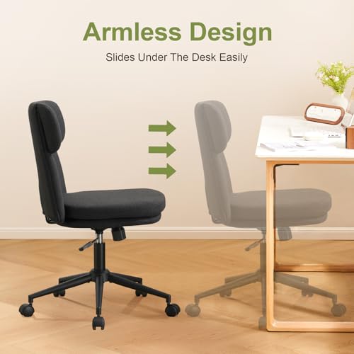 Armless Office Chair with Wheels, Luxury Chenille Swivel Desk Chair with Ergonomic Curved Full Back, Double-Layer Seat, Adjustable Modern Vanity Chair for Makeup, Home Office, Black - color: Black, size: Full Back