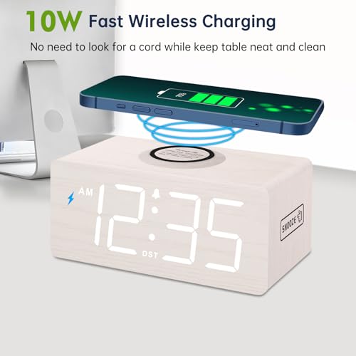 DreamSky Wooden Digital Alarm Clock with Wireless Charging for Bedroom | Bedside Nightstand Clock with Charger Station, USB Port, Large Numbers, Adjustable Volume, Brightness Dimmer, DST - color: White