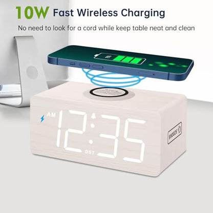DreamSky Wooden Digital Alarm Clock with Wireless Charging for Bedroom | Bedside Nightstand Clock with Charger Station, USB Port, Large Numbers, Adjustable Volume, Brightness Dimmer, DST - color: White