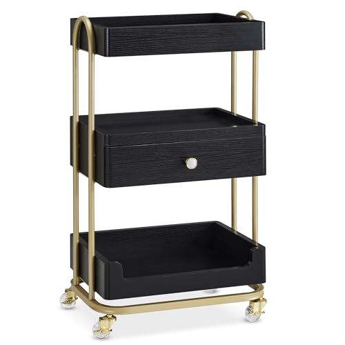 BarberPub 3-Tier Salon Trolley Cart with Drawer, Metal Frame Black 2086 - color: Black