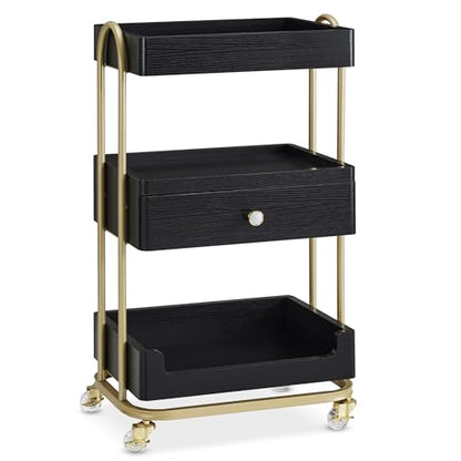 BarberPub 3-Tier Salon Trolley Cart with Drawer, Metal Frame Black 2086 - color: Black